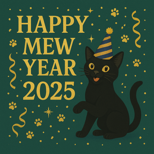 Black cat wearing a party hat with gold text saying Happy Mew Year 2025.